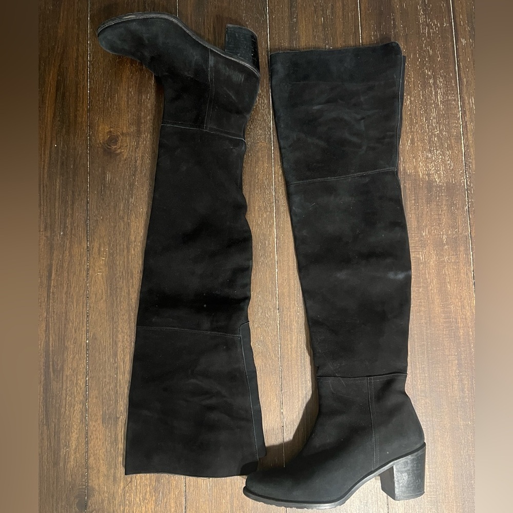 Stuart Weitzman Black Suede Over The Knee OTK Boots Block Heel Lug Sole Side Zip